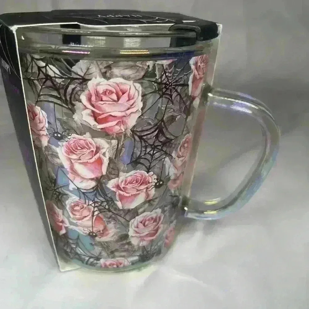 Glass Halloween travel sipper lid mug with pink roses cob webs little spiders - Picture 6 of 6
